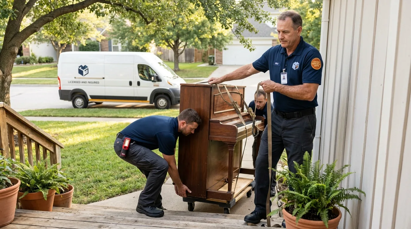 Licensed piano movers securing grand piano in Gaithersburg, MD