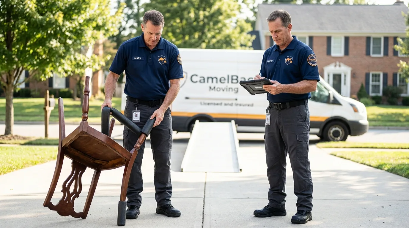 Movers inspecting furniture for damage prevention before loading in Gaithersburg, MD