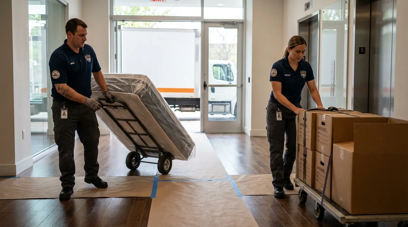 Professional apartment movers loading elevator in Gaithersburg, MD